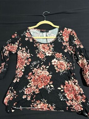 Vibe Black Long Sleeve Scoop Neck Top with Coral Floral Print